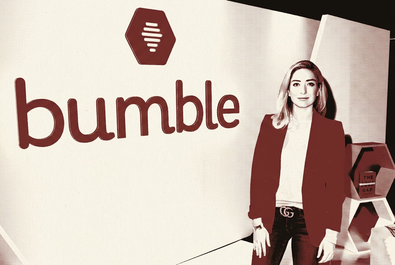 Whitney Wolfe Herd - Founder of Bumble Whitney Wolfe Herd, founder of Bumble, standing in front of a large Bumble logo wall. Duotone treatment in clay red and charcoal on cream paper.